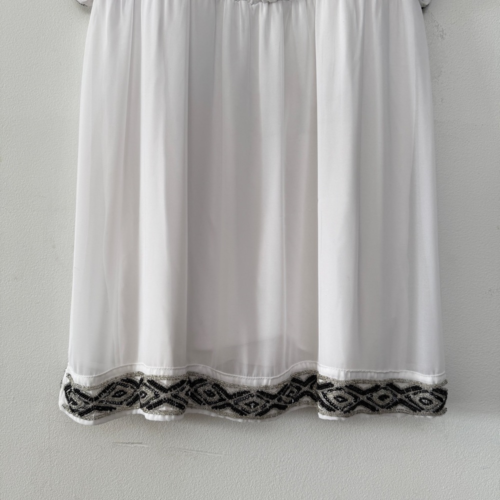 GUESS Y2K White Sleeveless Beaded Trim Blouson Mini Dress Cinched Elastic Waist - Picture 7 of 13